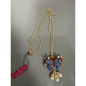 3D Two Unicorn Heads‎ Brilliant Blue Crystal Betsey Johnson  ~ Pendant Necklace